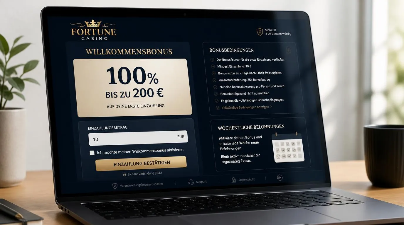 Casino-Bonusübersicht mit 100 Prozent bis 200 Euro, 10 Euro Mindesteinzahlung und Auswahl zur Aktivierung