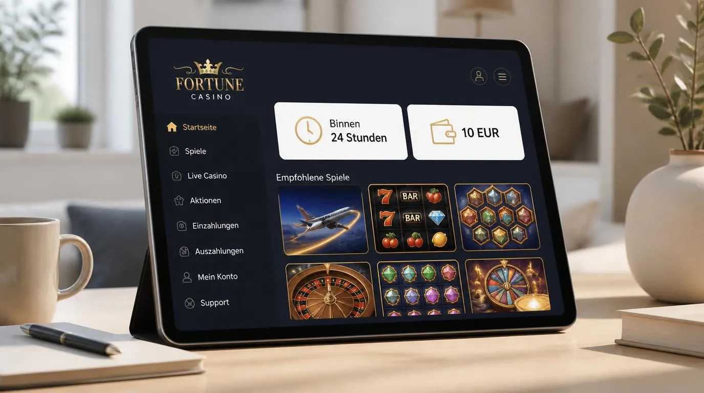 Casino-Übersicht auf einem Tablet mit Auszahlung innerhalb von 24 Stunden, Einzahlung ab 10 EUR und Spielkacheln