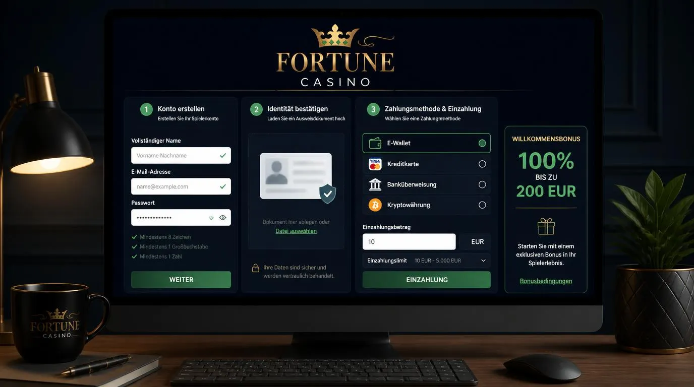 Casino-Konto mit Registrierung, Identitätsprüfung und Kasse zur Auswahl einer Zahlungsmethode