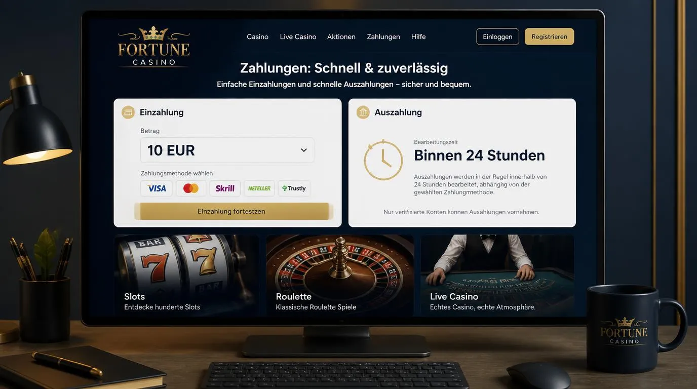 Casino-Oberfläche mit 10-EUR-Einzahlung, 24-Stunden-Auszahlungsanzeige und Kacheln für drei Spielformate