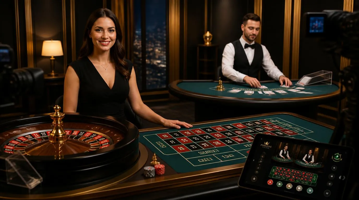 Professionelle Dealer an einem Roulette- und Blackjacktisch mit Kameras für die Liveübertragung