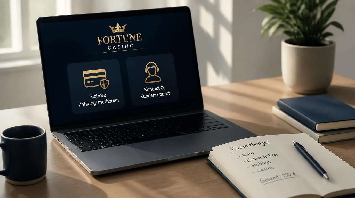 Laptop mit Zahlungssymbol und Supportkontakt neben einem Notizbuch mit persönlichem Freizeitbudget